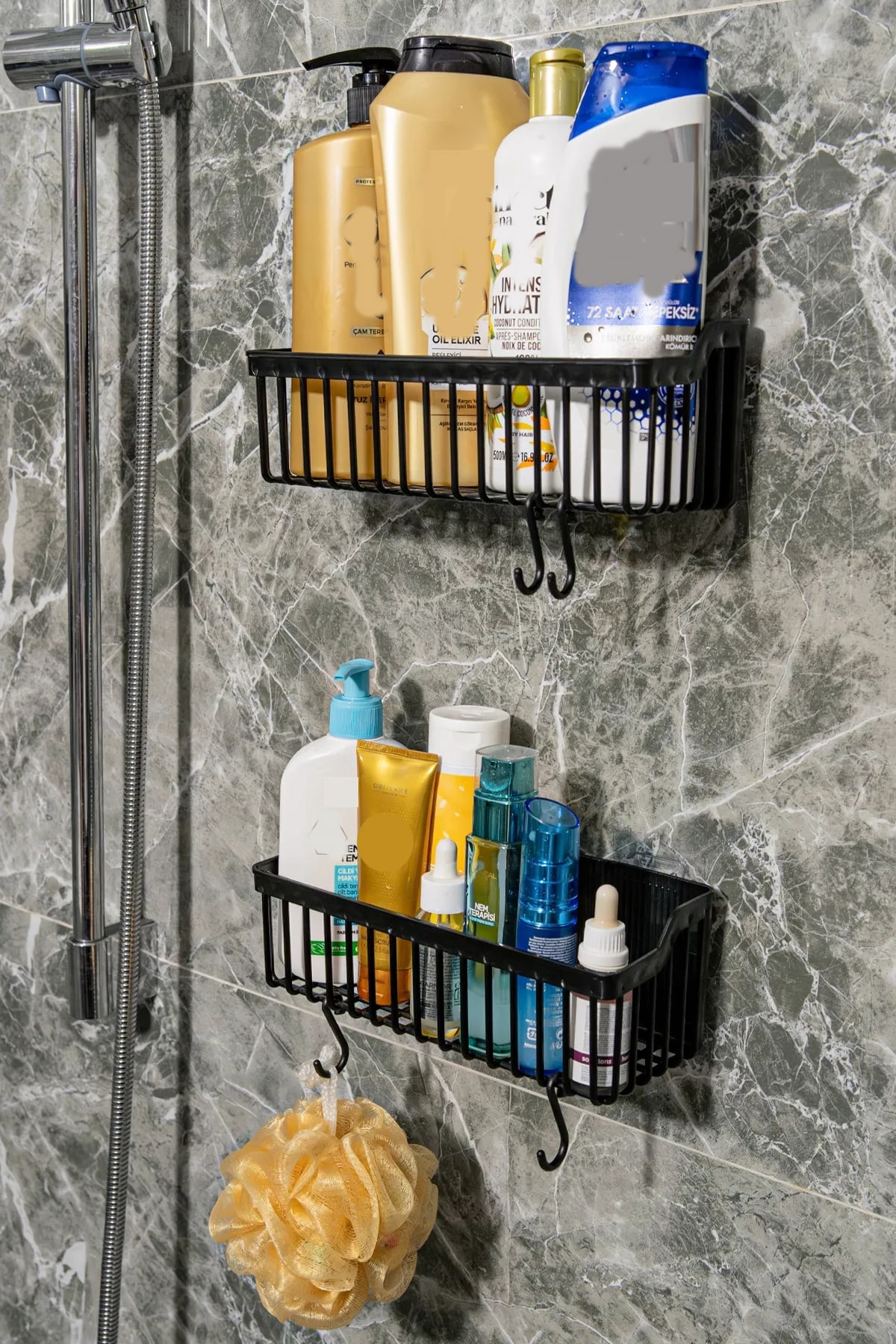 2 Li Plastik Yapışkanlı Askılı - Banyo Rafı Düzenleyici Duş Şampuanlık