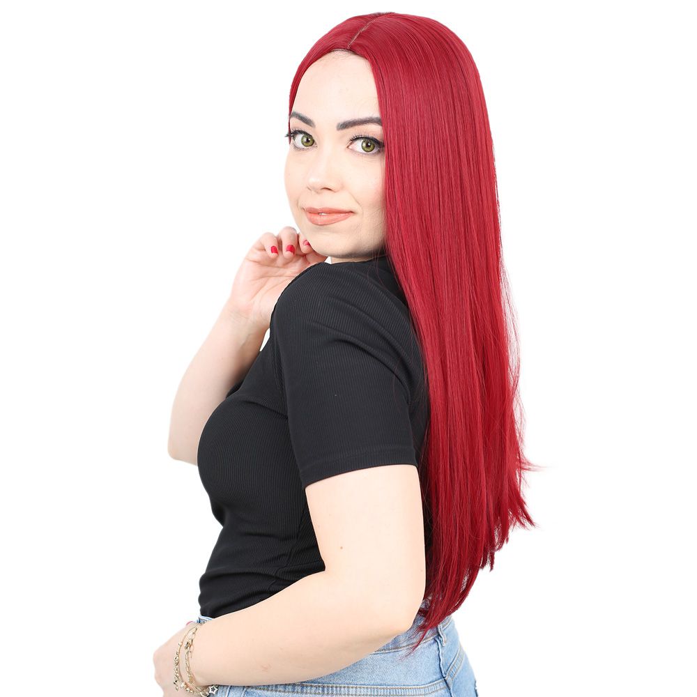 Fiber Sen Uzun Düz Peruk / Kızıl - Görsel 3