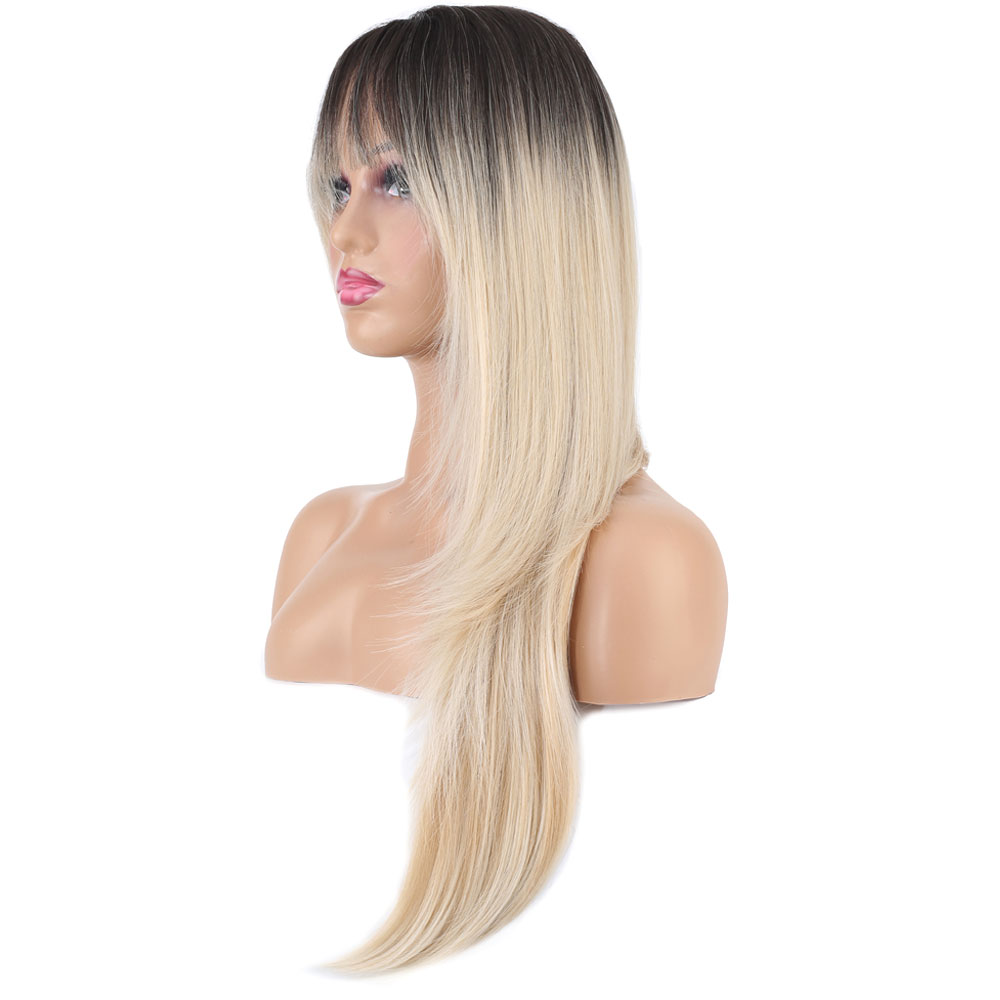 Katlı Kesim Perçemli Düz Fiber Sen Uzun Boy Peruk / / Platin Ombre ve Röfleli - Görsel 3