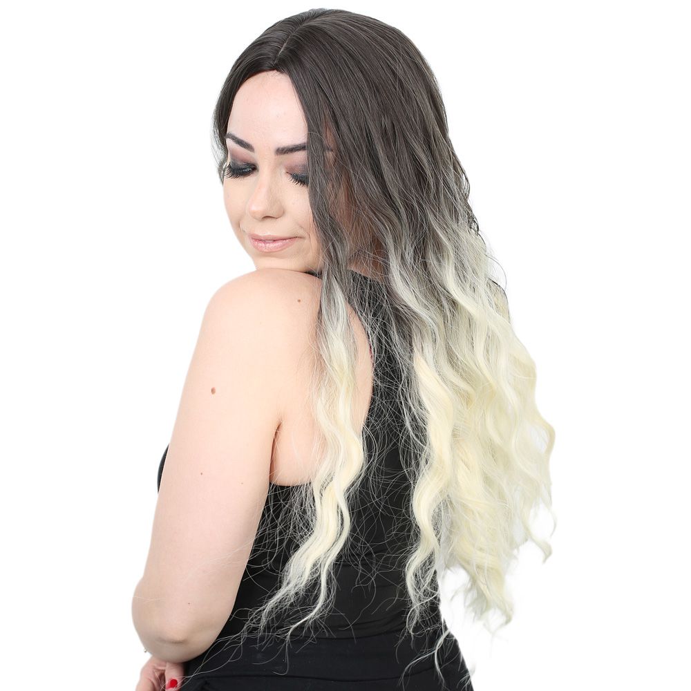 Su Daası Uzun Perçemsiz Fiber Sen Peruk / Küllü Siyah / Platin Ombreli - Görsel 3