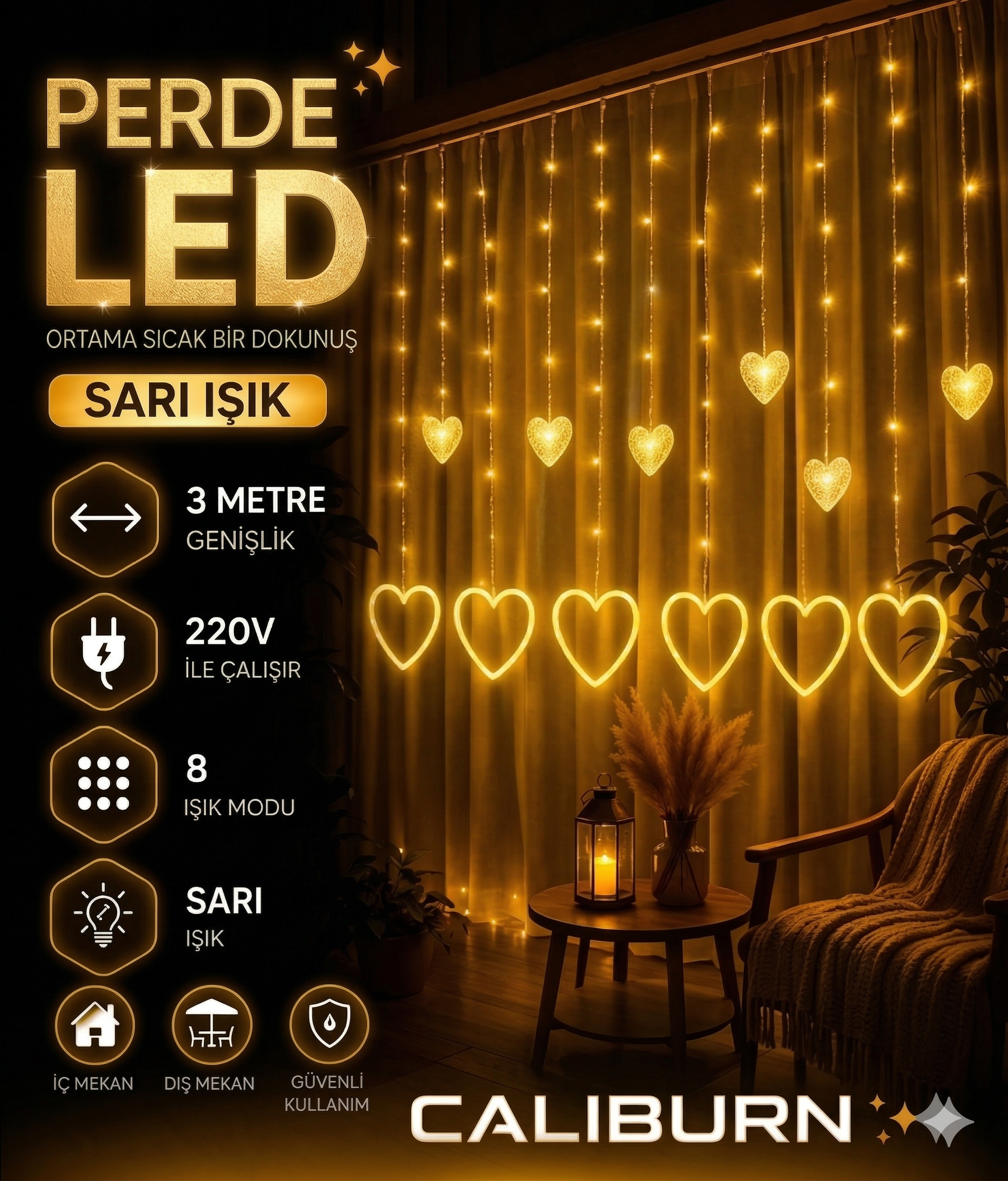 3 Metre 8 Modlu Kalp Perde LED Işık - Sarı (Sıcak Beyaz) Işık Dekoratif Işıklırma Oda Dekoru - Görsel 5