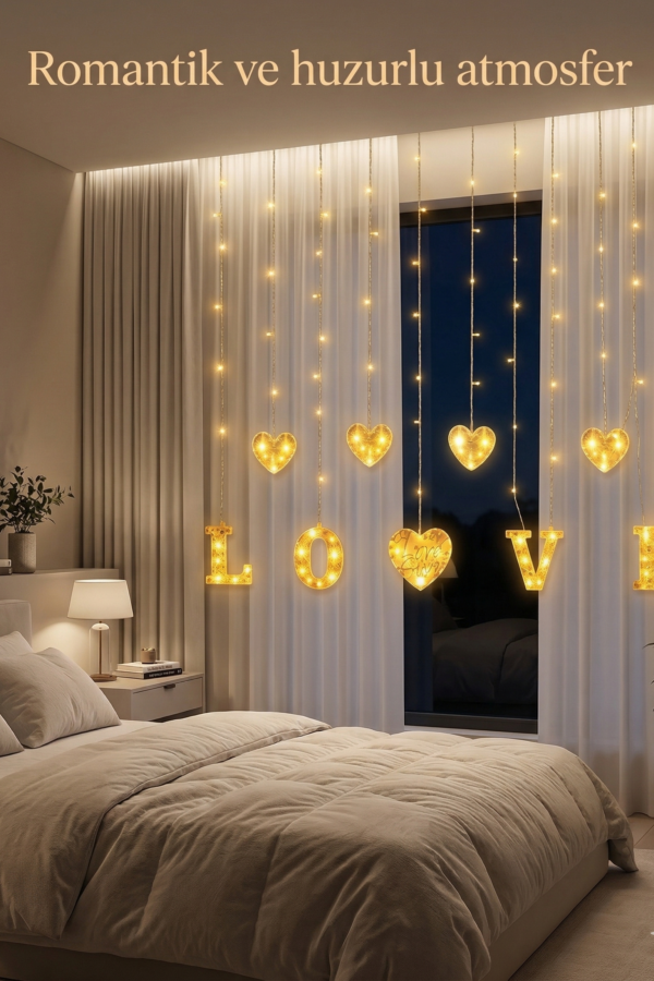 3 Metre Perde Led Işık - 8 Modlu Kalp ve LOVE Figürlü Dekoratif Animasyonlu Led