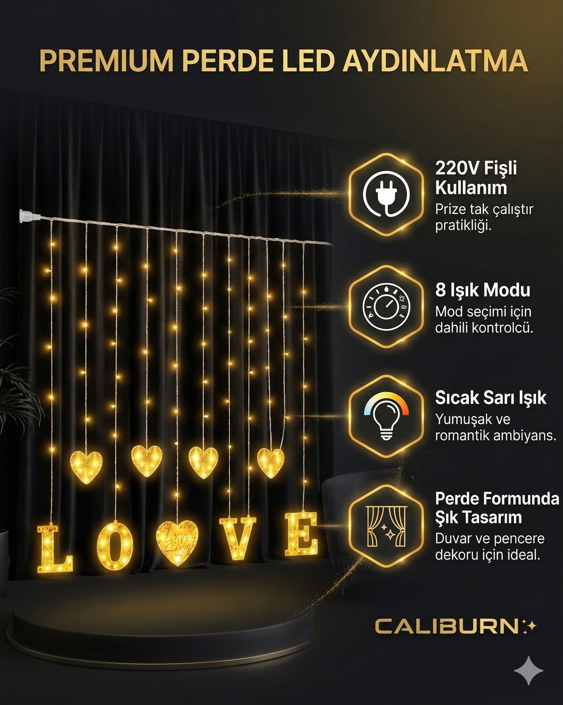 3 Metre Perde Led Işık - 8 Modlu Kalp ve LOVE Figürlü Dekoratif Animasyonlu Led - Görsel 2