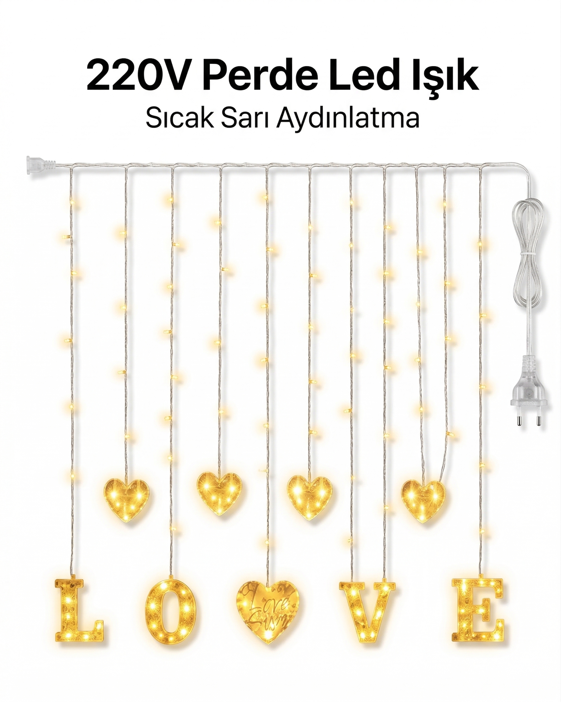 3 Metre Perde Led Işık - 8 Modlu Kalp ve LOVE Figürlü Dekoratif Animasyonlu Led - Görsel 3