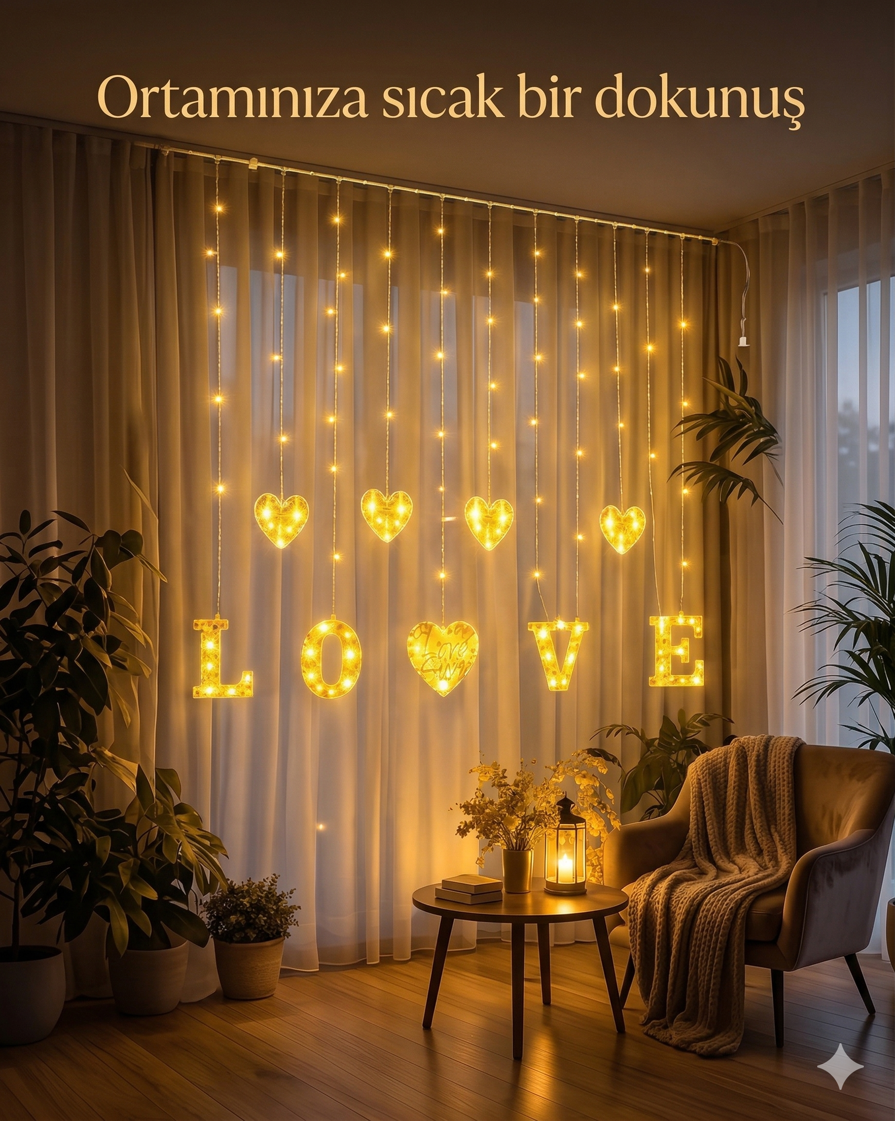 3 Metre Perde Led Işık - 8 Modlu Kalp ve LOVE Figürlü Dekoratif Animasyonlu Led - Görsel 4