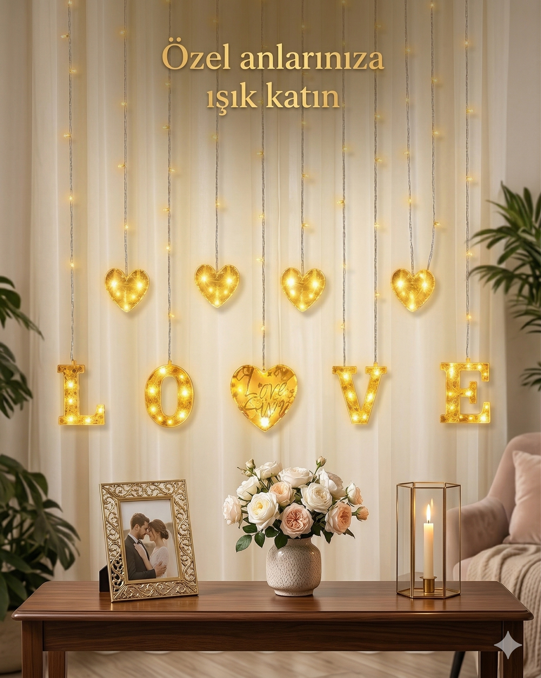 3 Metre Perde Led Işık - 8 Modlu Kalp ve LOVE Figürlü Dekoratif Animasyonlu Led - Görsel 5
