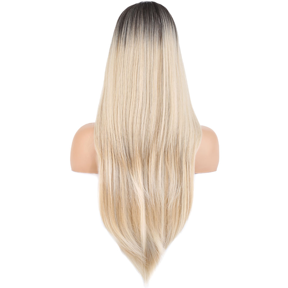 Katlı Kesim Perçemli Düz Fiber Sen Uzun Boy Peruk / / Platin Ombre ve Röfleli - Görsel 4