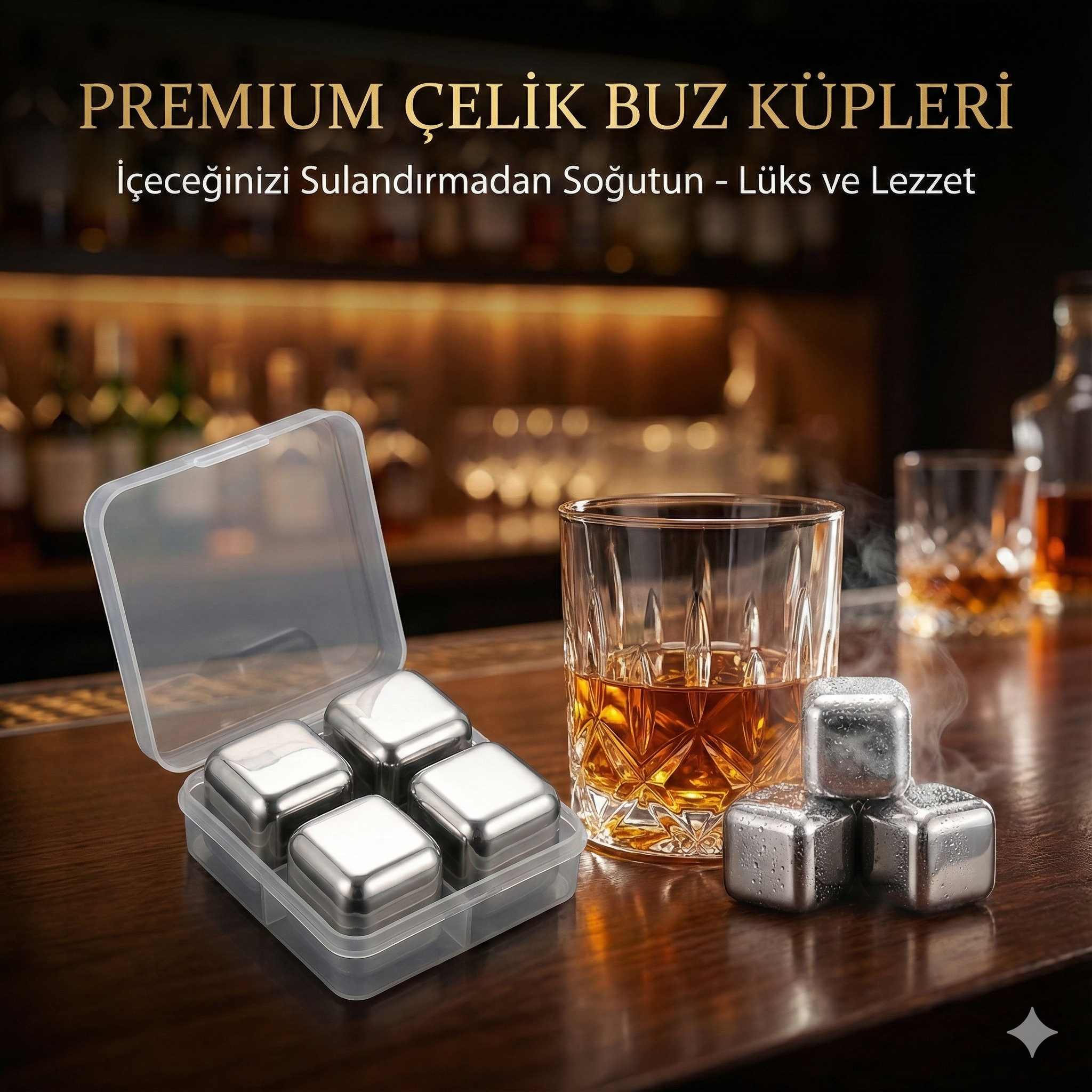 4'lü Çelik Metal Kaplama Viski Taşı Soğutma Buz Küpü - Görsel 2