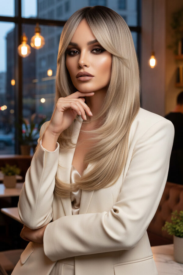 Katlı Kesim Perçemli Düz Fiber Sen Orta Boy Peruk /  / Platin Ombre ve Röfleli