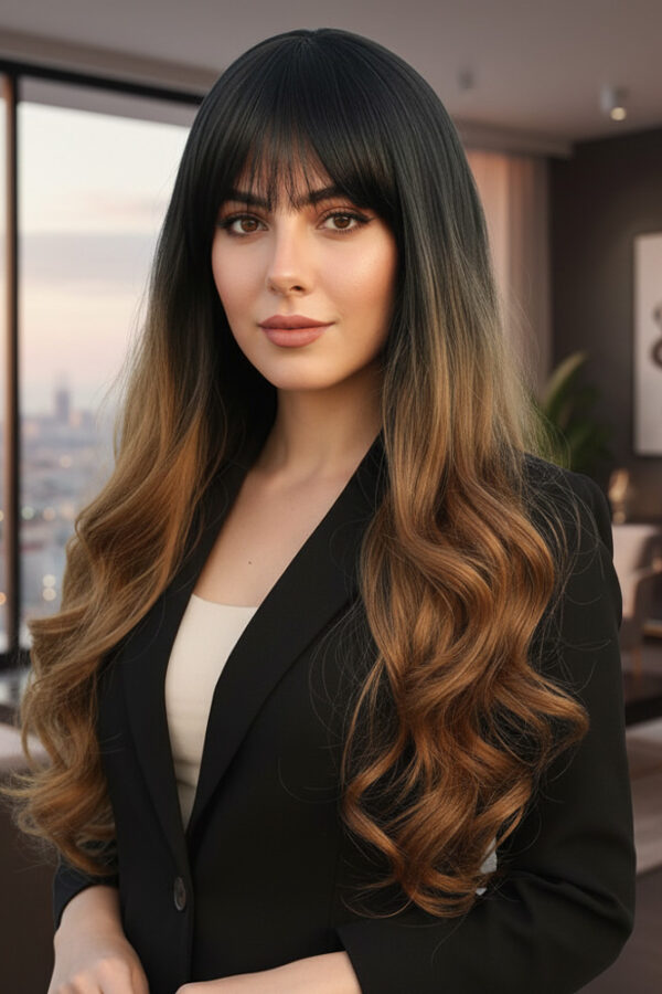 Kahküllü Uzun Daalı Fiber Sen Peruk / Siyah / Karamel Ombreli