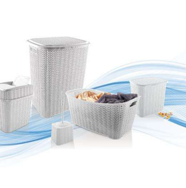 5 Parça Örgü Desenli Plastik Banyo Seti Çamaşır Sepeti Deterjanlık  Kovası Klozet Fırçası - Gri