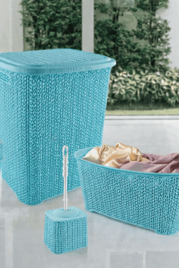 5 Parça Örgü Desenli Plastik Banyo Seti Çamaşır Sepeti Deterjanlık  Kovası Klozet Fırçası - Mi