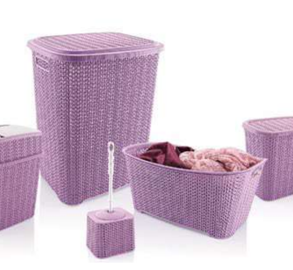 5 Parça Örgü Desenli Plastik Banyo Seti Çamaşır Sepeti Deterjanlık  Kovası Klozet Fırçası - Mor