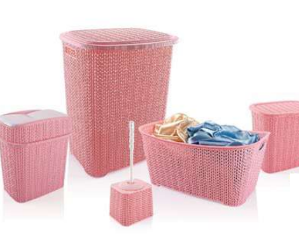 5 Parça Örgü Desenli Plastik Banyo Seti Çamaşır Sepeti Deterjanlık Klik  Kovası Klozet Fırçası