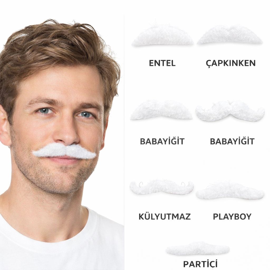 6’lı Yapışkanlı Beyaz Parti Bıyık Seti – Farklı Modeller - Görsel 2