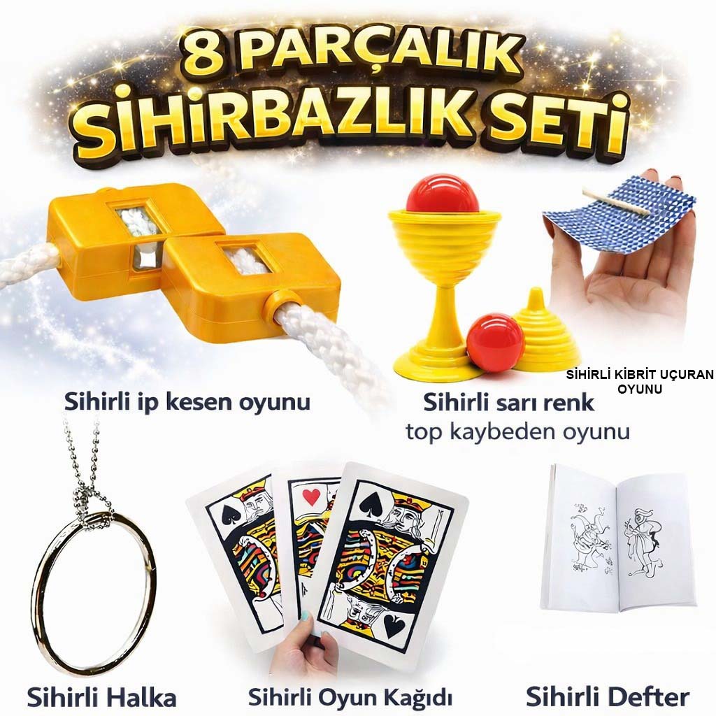 8’li Sihirbazlık Seti (Kibrit, , H, Kupa, İp, 3’lü Kart)