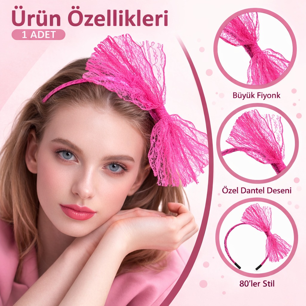 80’ler 90’lar Neon Pembe Dantel Taç Fiyonklu - Görsel 2