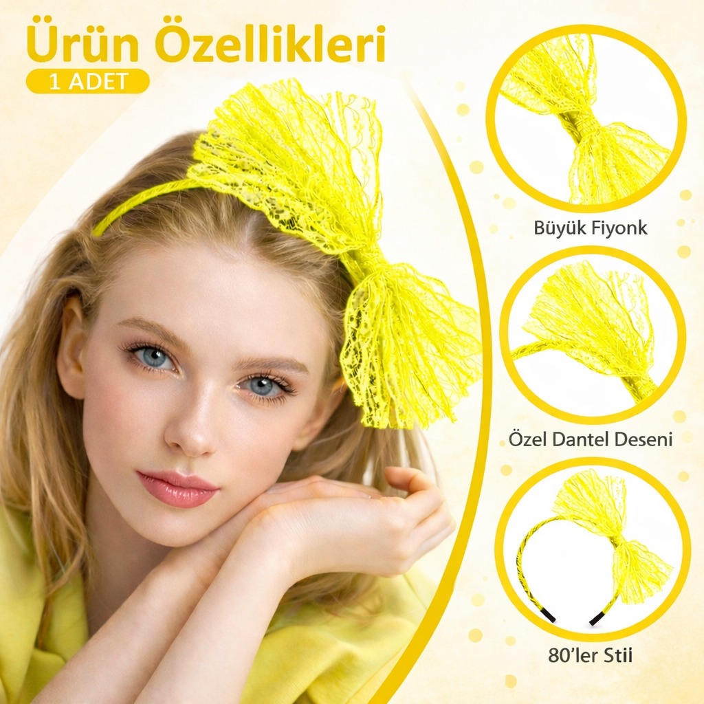 80’ler 90’lar Neon Sarı Dantel Taç Fiyonklu - Görsel 2