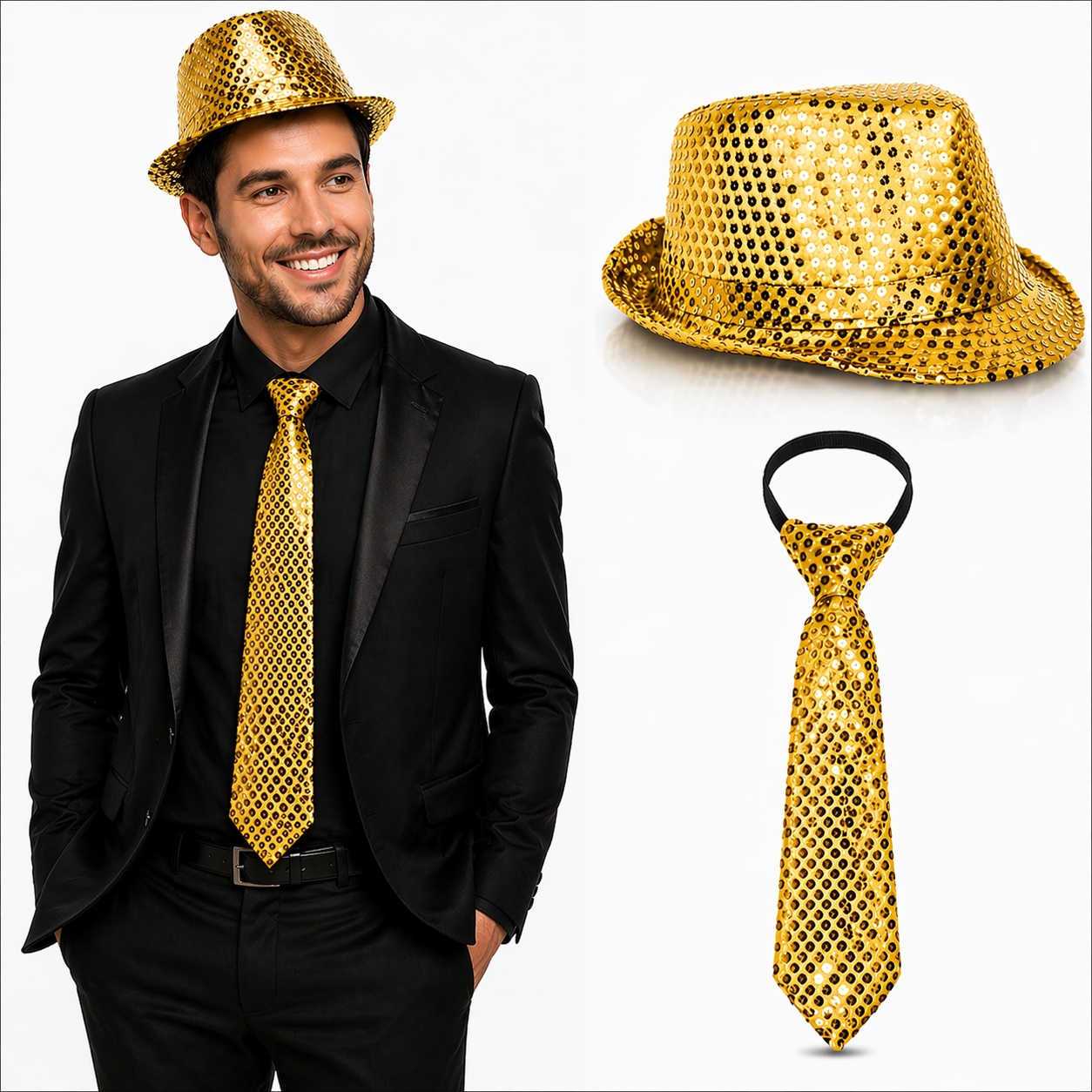 Altın Gold Payetli ve Krat Seti – Işıltılı Parti Kombini