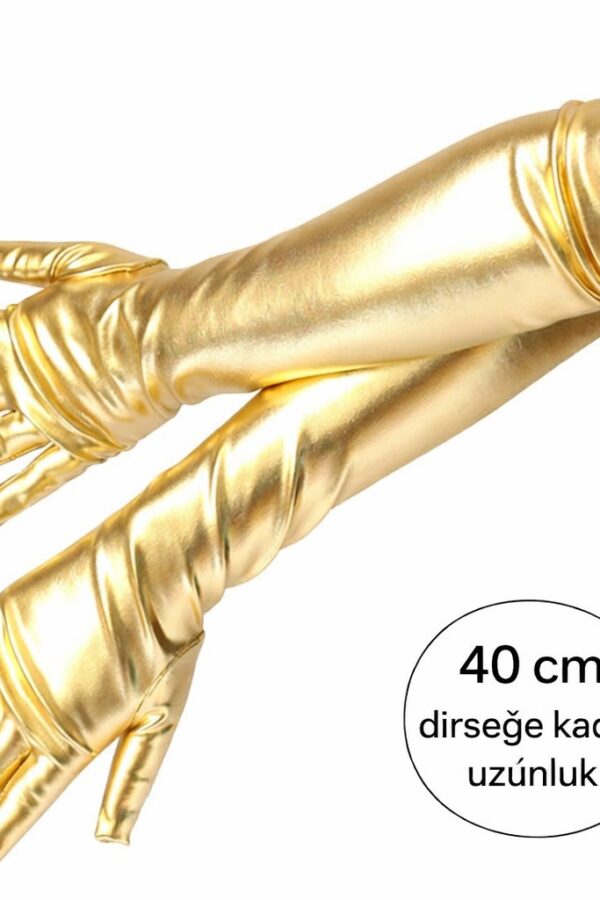 Altın Renk Dirsek Altı Lüks Saten Eldiven 40 cm