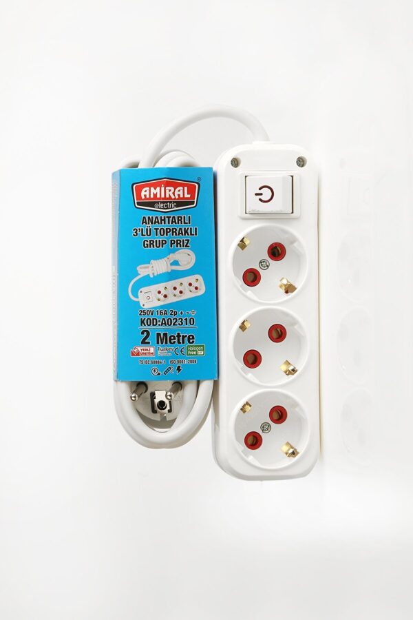 Amiral 3' lü Topraklı lı 2 Metre Kablolu Grup Priz