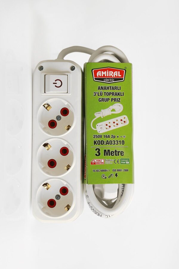 Amiral 3' lü Topraklı lı 3 Metre Kablolu Grup Priz