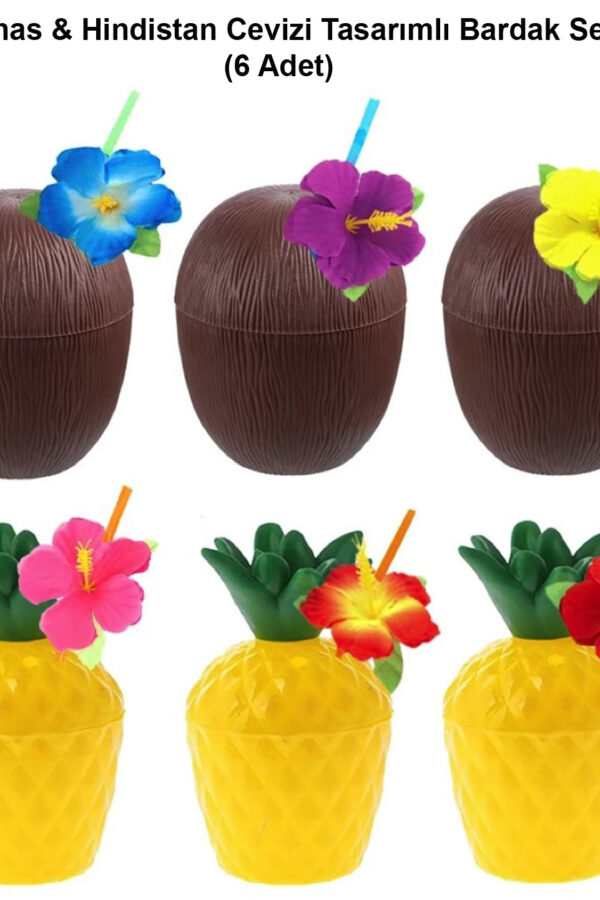 Ananas & Hindistan Cevizi Tasarımlı Pipetli Bardak Seti (6 Adet)