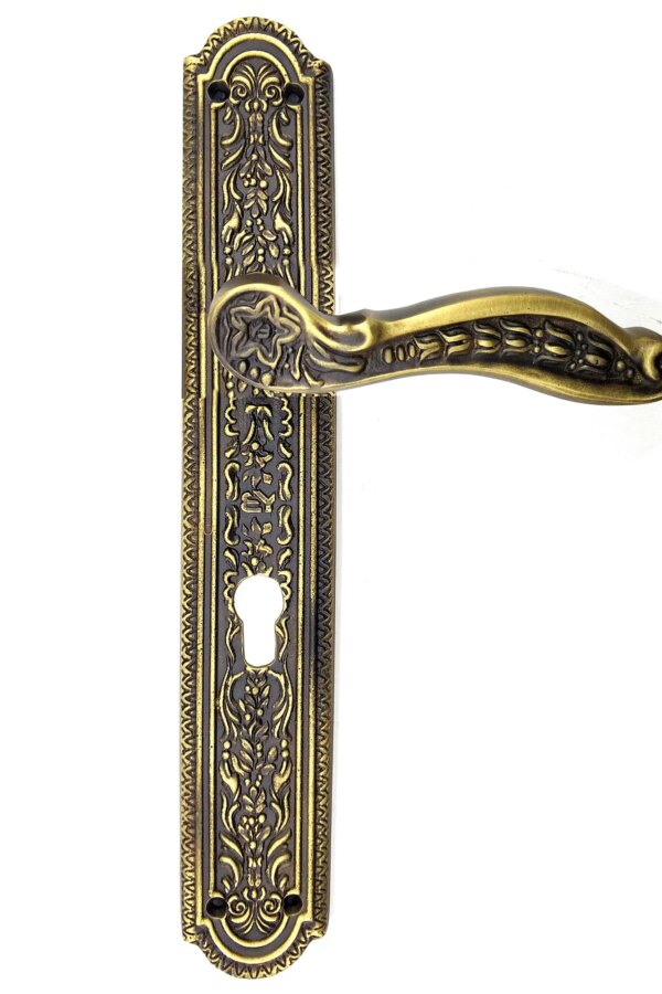 Antika Tarz Dekoratif Pirinç Ulu Model Desenli Yale, Dış Kapı Kolu - 354x57 mm, Antik