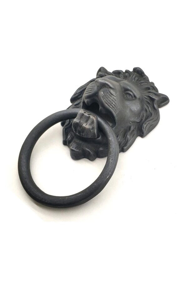Antika Tarz Dekoratif Pirinç Aslan Kapı Tokmağı, Taktak - 102x130 mm, Oksit