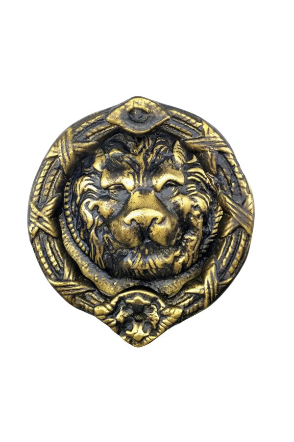 Antika Tarz Dekoratif Pirinç Aslan Kapı Tokmağı, Taktak - 185 mm, Antik