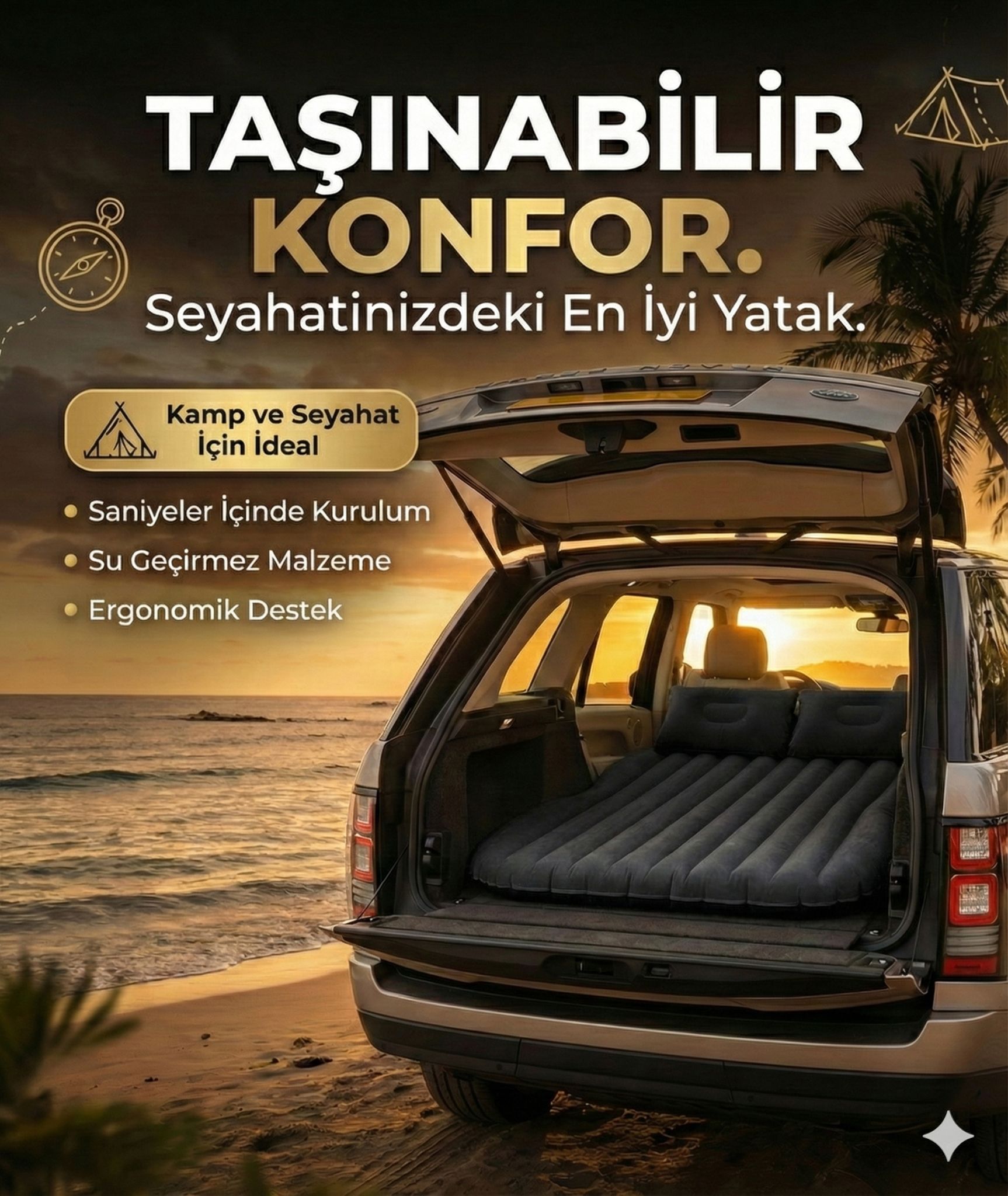 Araç İçi Şişme Yatak Ve Kamp Yatağı Çanta Elektrikli Pompa Tamir Kiti Ve Yastıklı Yatak Seti