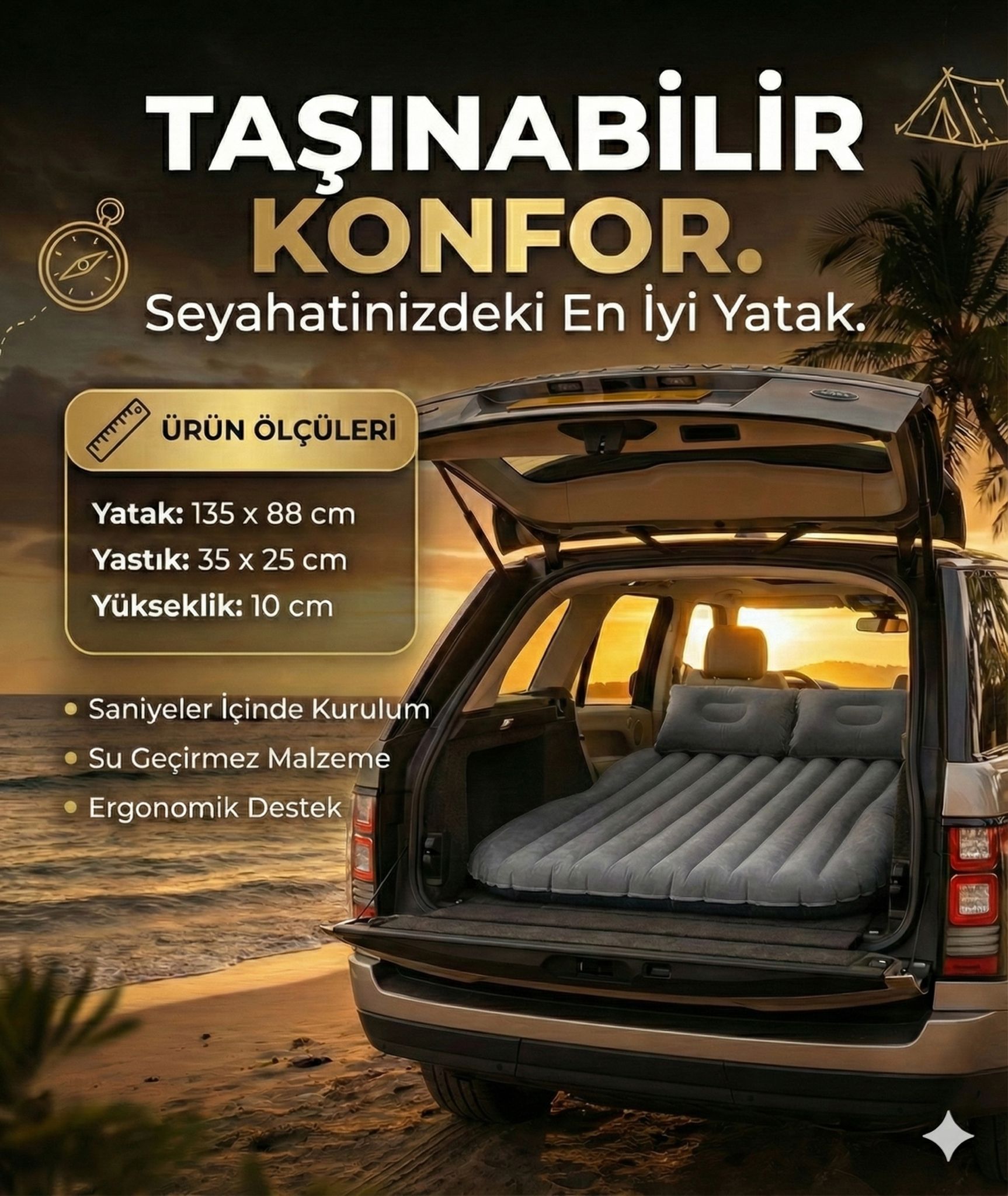 Araç İçi Şişme Yatak Ve Kamp Yatağı Çanta Elektrikli Pompa Tamir Kiti Ve Yastıklı Yatak Seti - Görsel 2