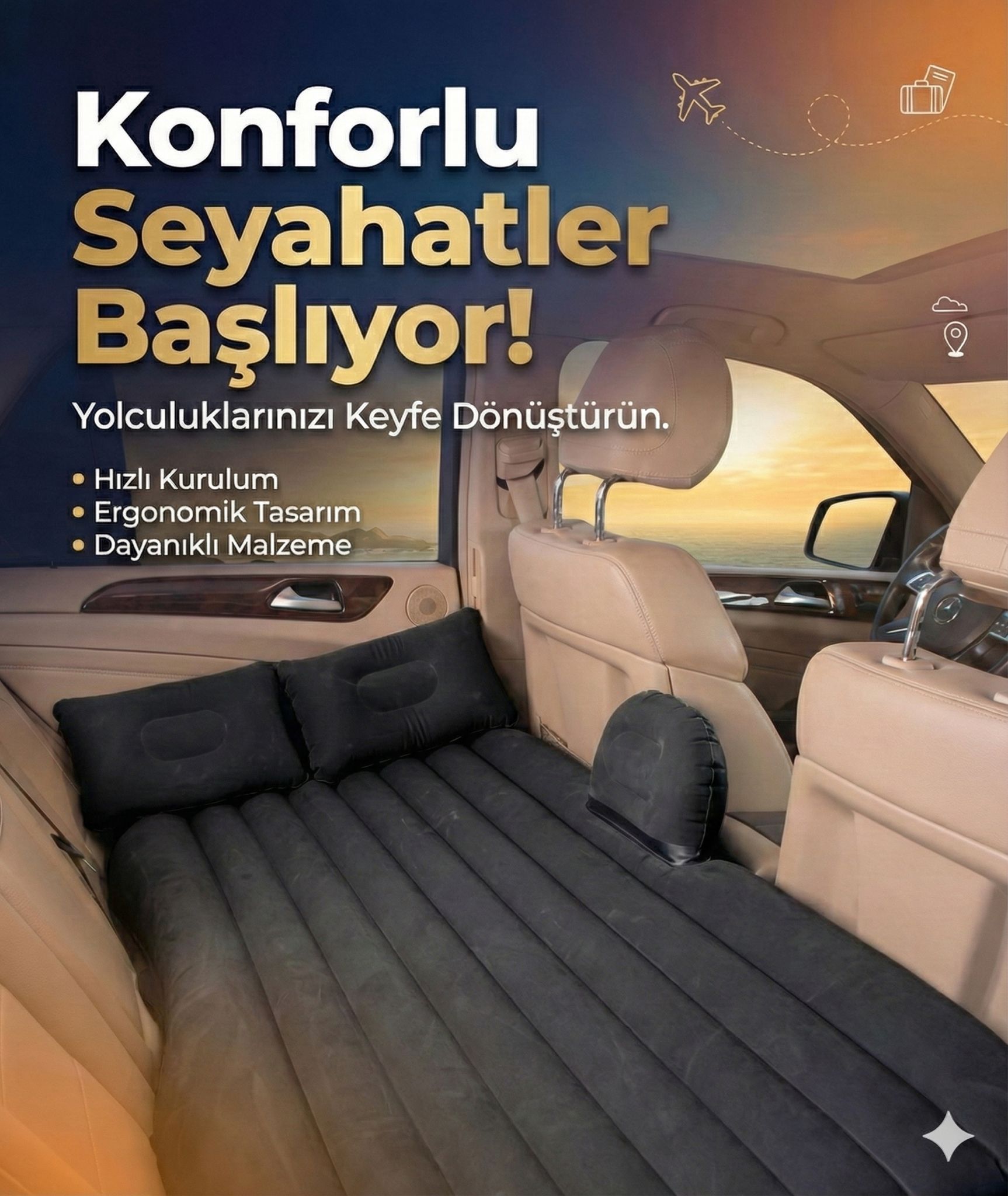 Araç İçi Şişme Yatak Ve Kamp Yatağı Çanta Elektrikli Pompa Tamir Kiti Ve Yastıklı Yatak Seti - Görsel 3