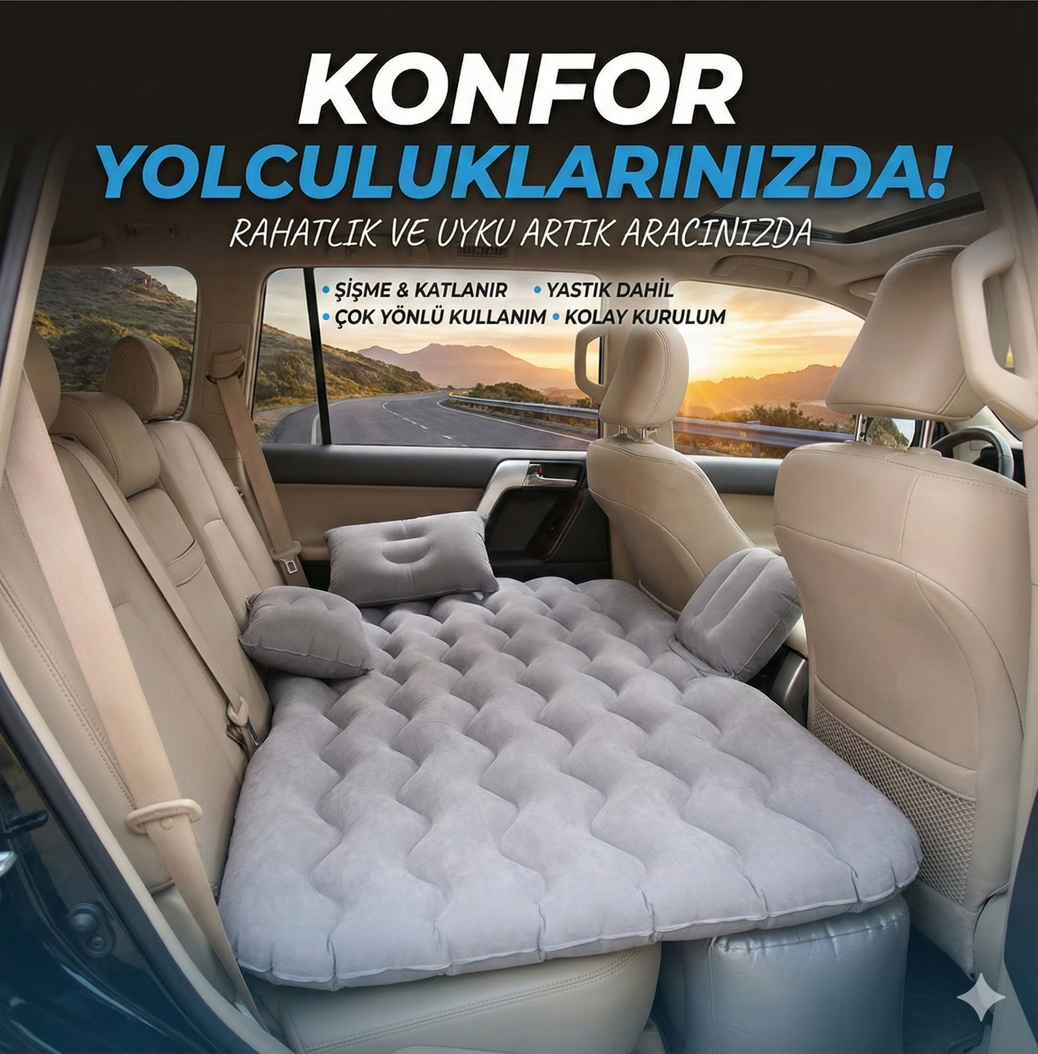 Araç İçi Şişme Yatak Ve Kamp Yatağı Çanta Elektrikli Pompa Tamir Kiti Ve Yastıklı Yatak Seti - Görsel 4