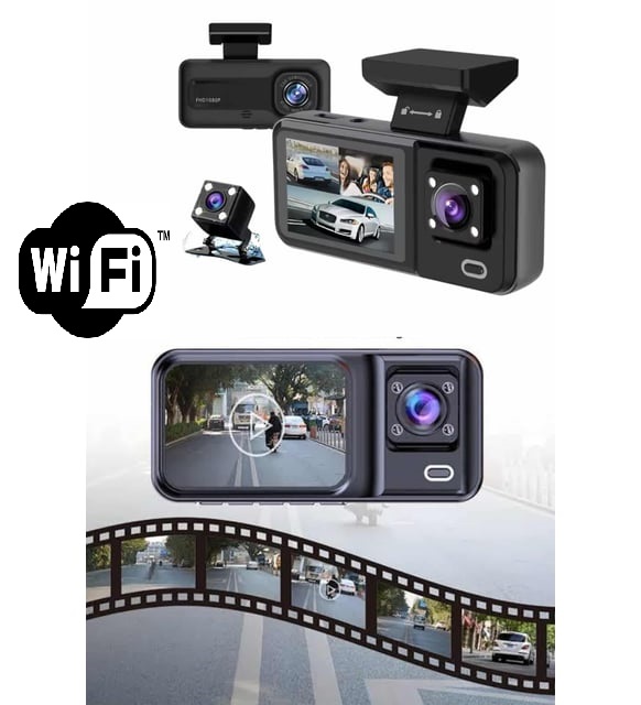 Araç Kamerası - 3 Kameralı Wifi Ön , İç ve Arka Full HD DVR Araç İçi Ekranlı Kamera - Görsel 2