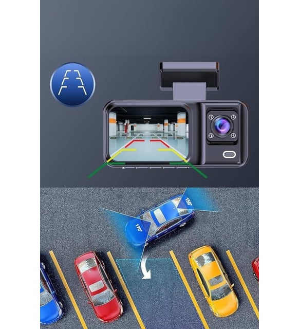 Araç Kamerası - 3 Kameralı Wifi Ön , İç ve Arka Full HD DVR Araç İçi Ekranlı Kamera - Görsel 4