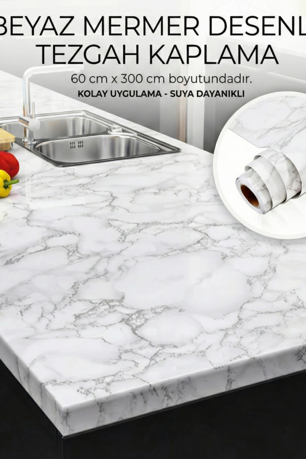 Beyaz Mermer Desenli Yapışkanlı Tezgah Folyosu (3 mt.x 60 cm)