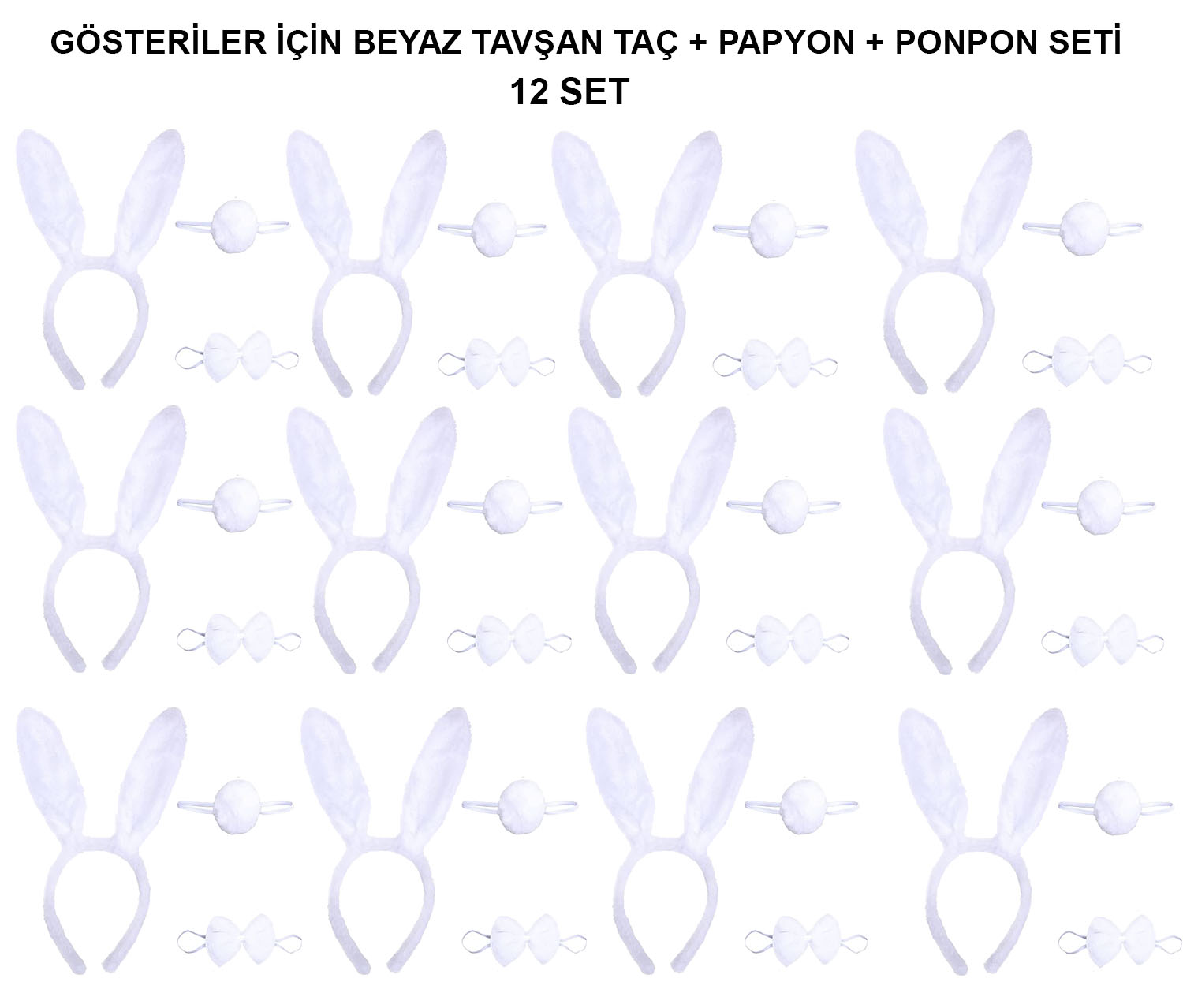 Beyaz Tşan Kostüm Seti – Taç, Papyon, Kuyruk (12’li Paket)