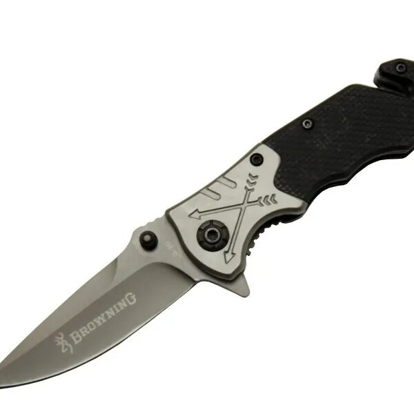 Browning 8-10 Siyah Kurtarma / Kamp Çakı 16,5cm - Yarı Otomatik, Kemerlikli, Cam Kırma ve İp Kesme Aparatlı, Ok Figürlü Sap