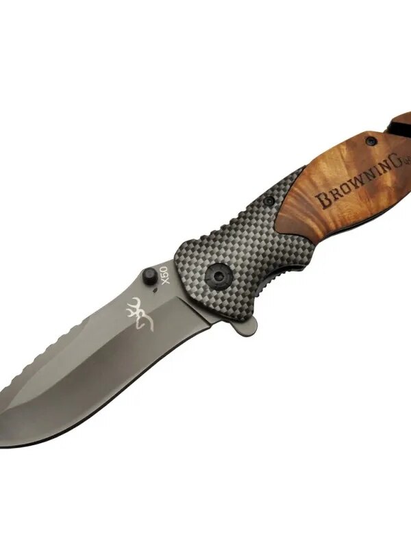 Browning X50 rengi Kurtarma / Kamp Çakısı 20,5cm- Yarı Otomatik, Kemerlikli, Ahşap Sap, Cam Kırma ve İp Kesme Aparatlı