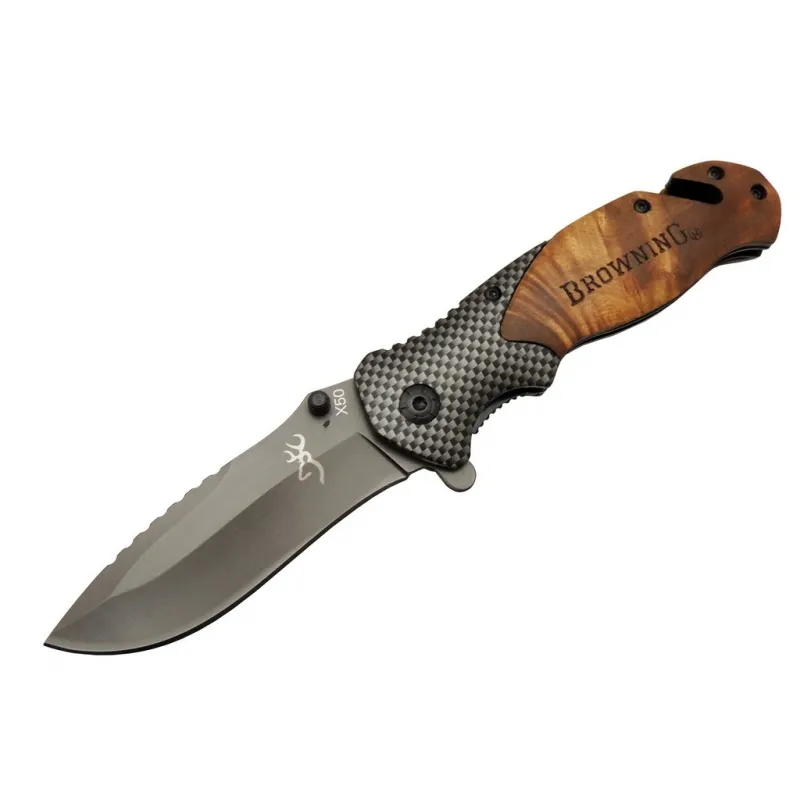 Browning X50 rengi Kurtarma / Kamp Çakısı 20,5cm- Yarı Otomatik, Kemerlikli, Ahşap Sap, Cam Kırma ve İp Kesme Aparatlı