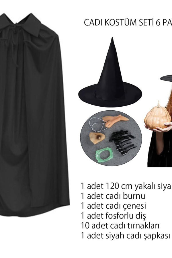 Cadı Kostüm Seti 6 Parça -  Pelerin Diş Tırnaklar Çene ve B