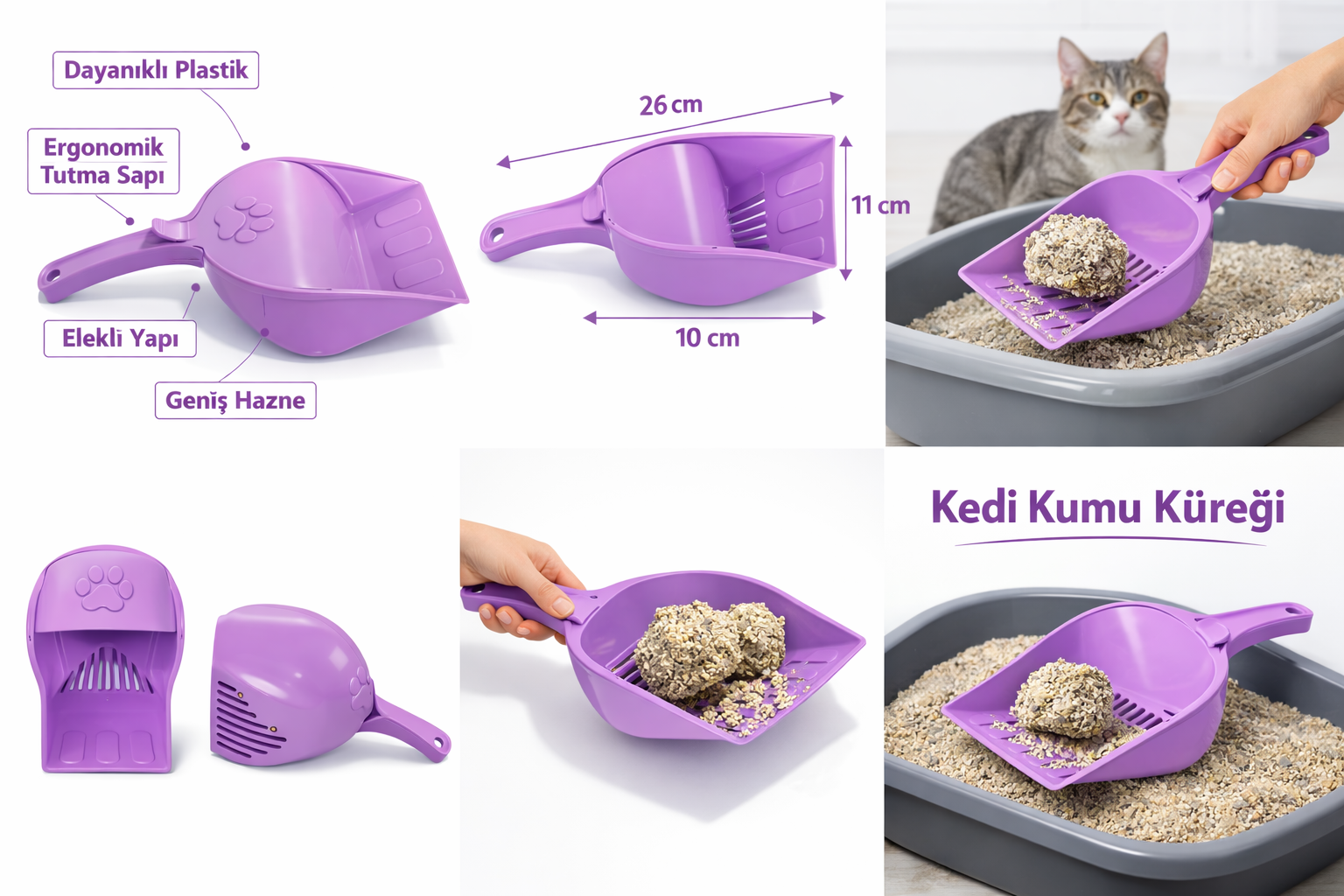 Kapaklı Kedi Kumu Küreği Elekli – Ergonomik Saplı Dalı Plastik Kum Temizleme Küreği 26 cm - Görsel 4