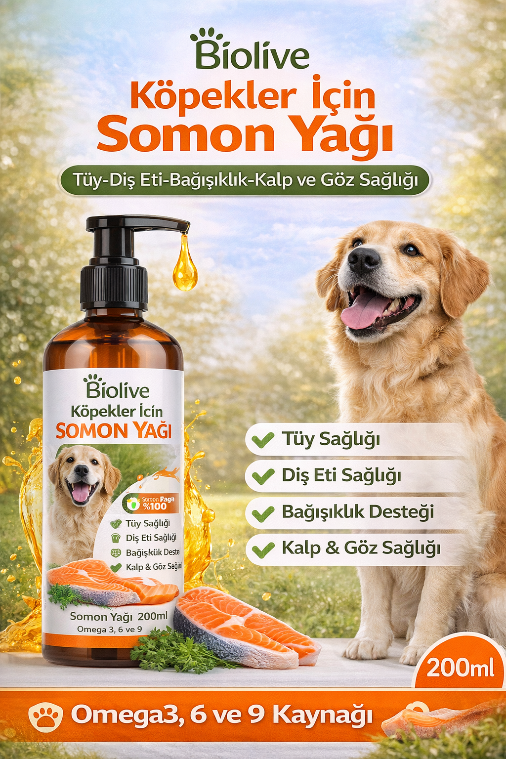 Biolive Köpekler İçin Somon Yağı -Dış Eti-Bağışıklık-Kalp ve Göz Sağlı 200ml