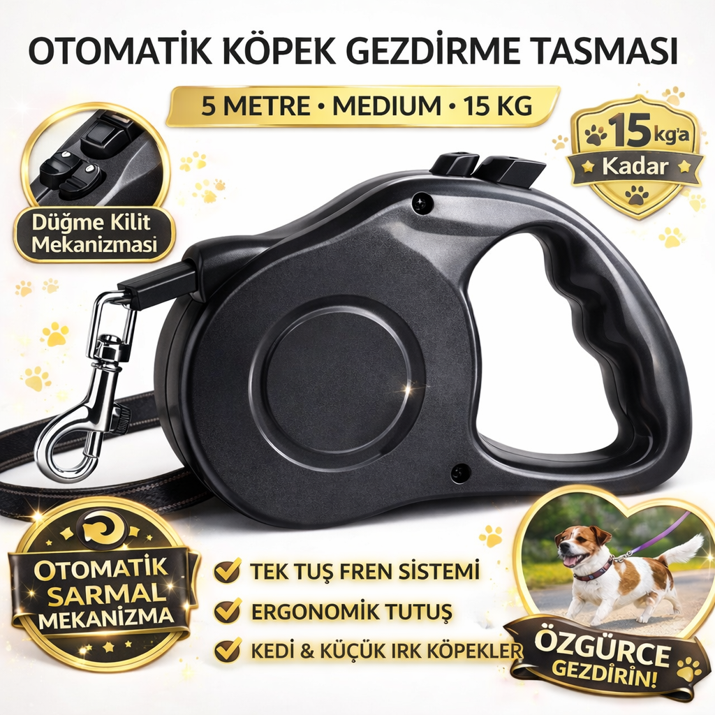 Karamel Otomatik Köpek Gezdirme Tasması Medium 5 Metre 15 kg Siyah - Görsel 2