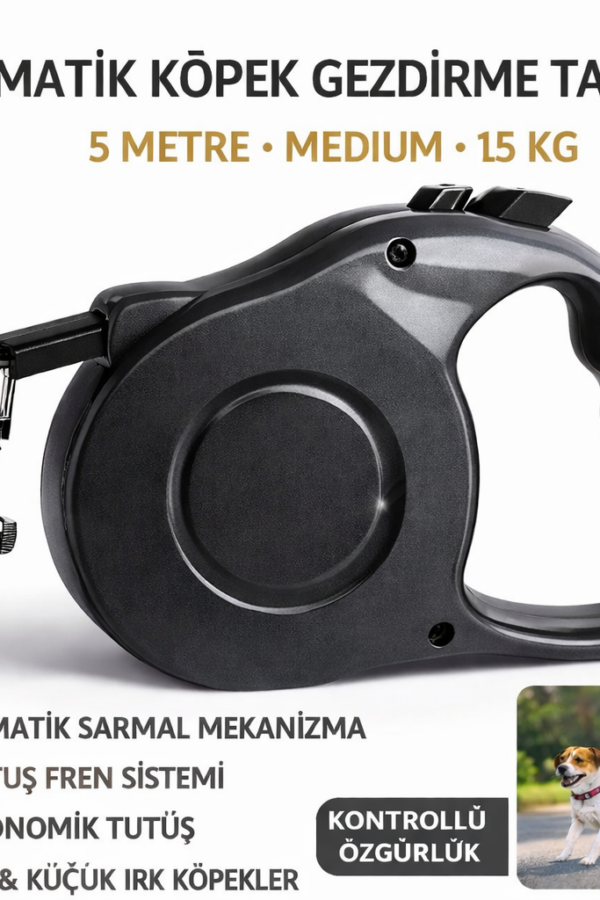 Karamel Otomatik  Köpek Gezdirme Tasması Medium 5 Metre 15 kg Siyah