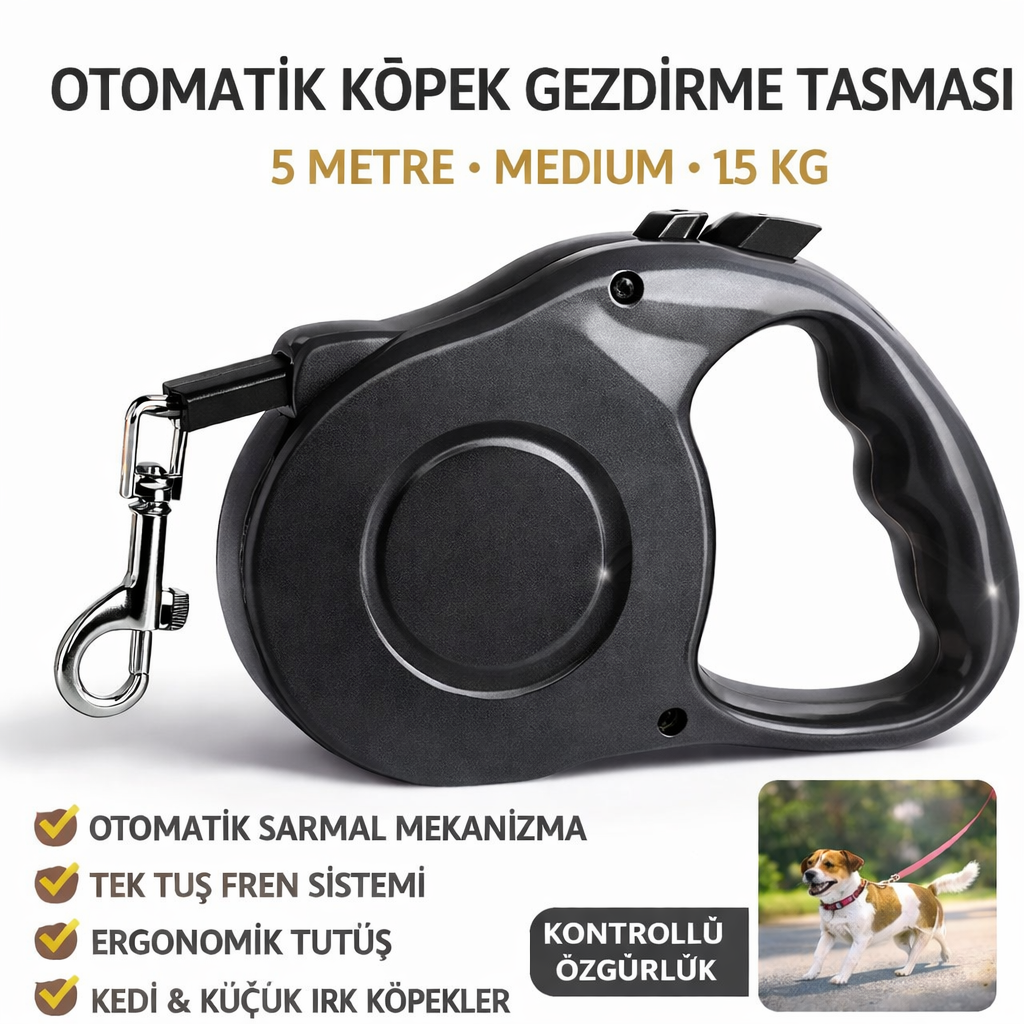 Karamel Otomatik Köpek Gezdirme Tasması Medium 5 Metre 15 kg Siyah