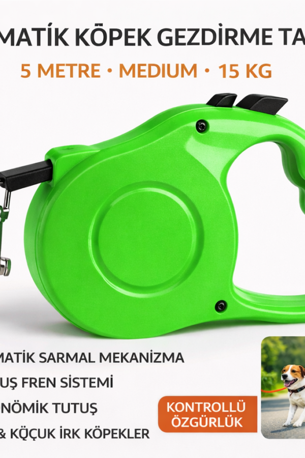 Karamel Otomatik  Köpek Gezdirme Tasması Medium 5 Metre 15 kg Yeşil
