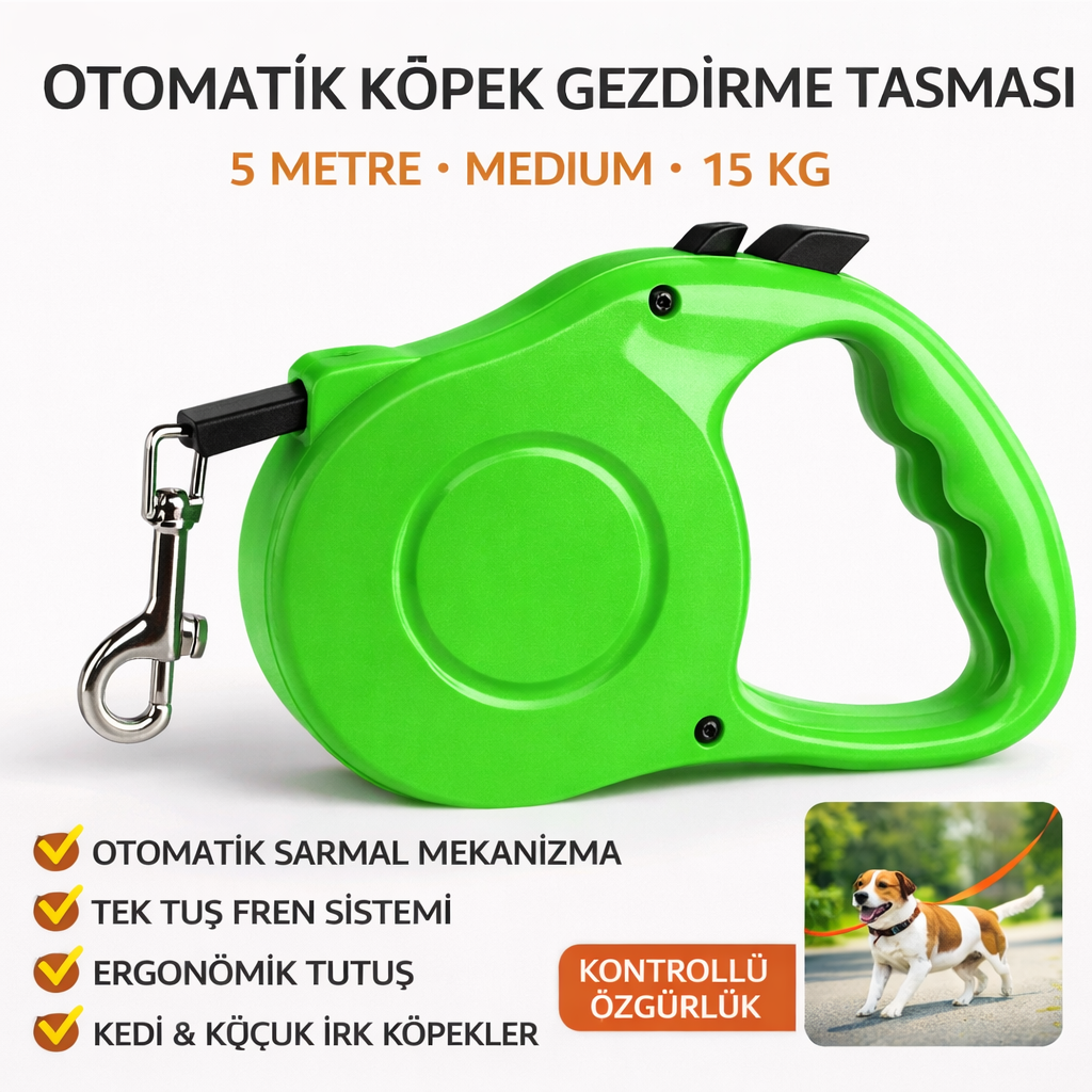 Karamel Otomatik Köpek Gezdirme Tasması Medium 5 Metre 15 kg Yeşil