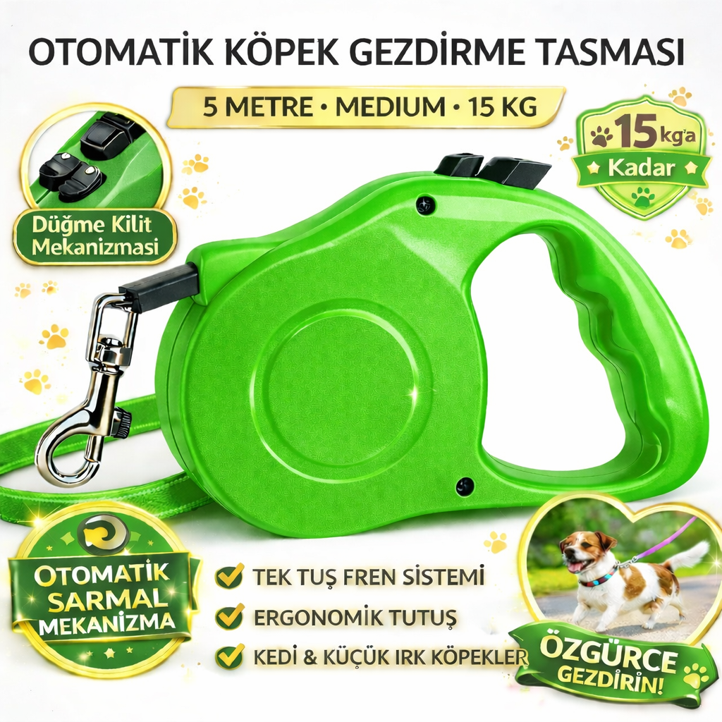 Karamel Otomatik Köpek Gezdirme Tasması Medium 5 Metre 15 kg Yeşil - Görsel 2